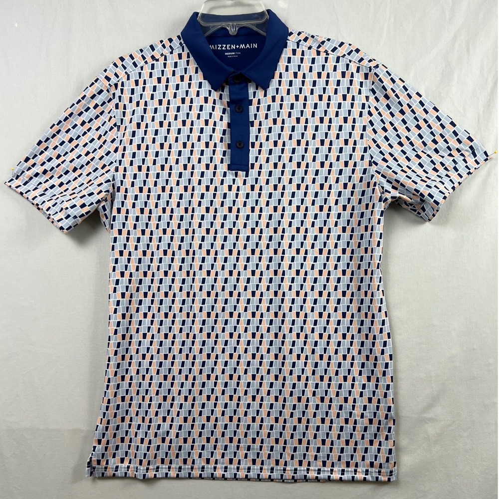 Mizzen+Main Polo Shirt Mens Medium Golf Blue Geometric Performance Trim Fit